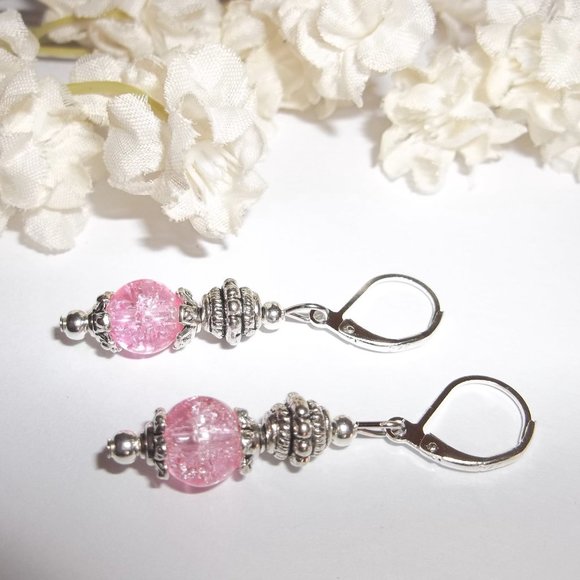 Simple Pink And Silver Beaded Dangle Earring Set Gift Idea for Her Girl NWT 6945 - Picture 4 of 8